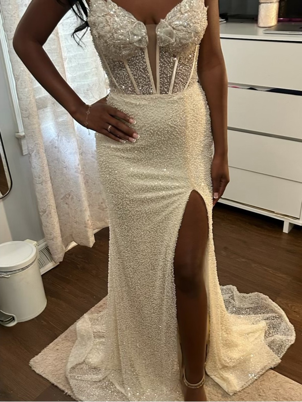 Sherri Hill Ivory Beaded Prom Gown with Corset Bodice and High Slit